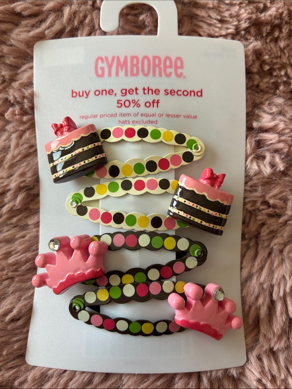 Gymboree Pink Cake & Crown Snap Clip Set with Multicolored Dots